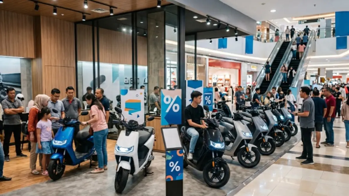 Daftar harga motor listrik Maret 2026 terbaru di Transmart Cibubur, mulai Rp5 jutaan hingga motor premium. (Ilustrasi Gemini AI)