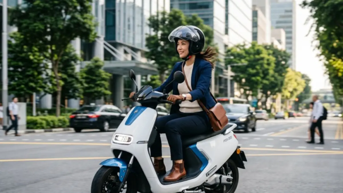 Polytron Fox 200 hadir dengan cruise control, Fox Alert, dan bagasi luas. Motor listrik praktis untuk harian. (Ilustrasi Gemini AI)