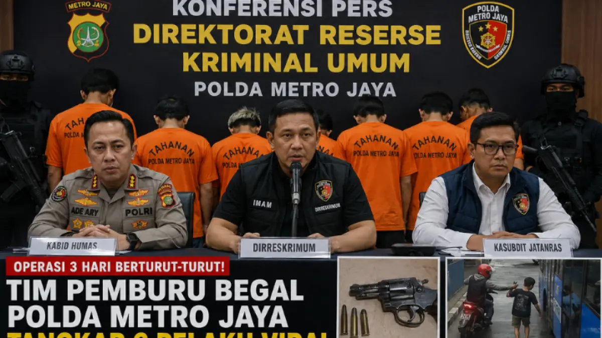 Tim Pemburu Begal Polda Metro Jaya menangkap enam pelaku begal viral di Ciputat, polisi sita senjata api dan ancam 15 tahun penjara. (AI)