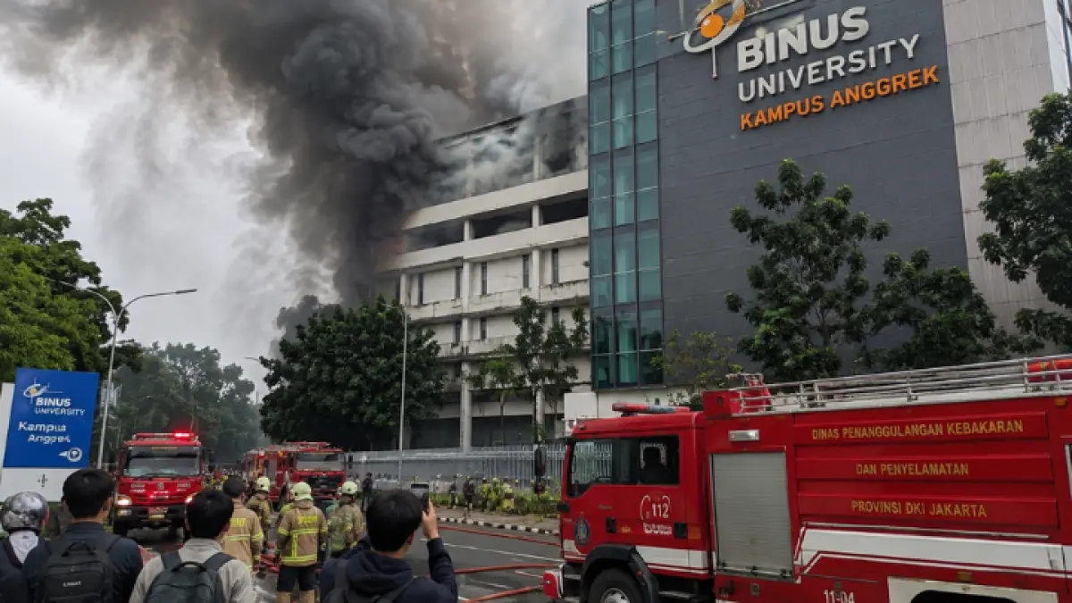 Asap tebal kepung BINUS Kemanggisan, perkuliahan dihentikan sementara usai kebakaran gegerkan mahasiswa dan warga sekitar. (Ilustrasi AI)
