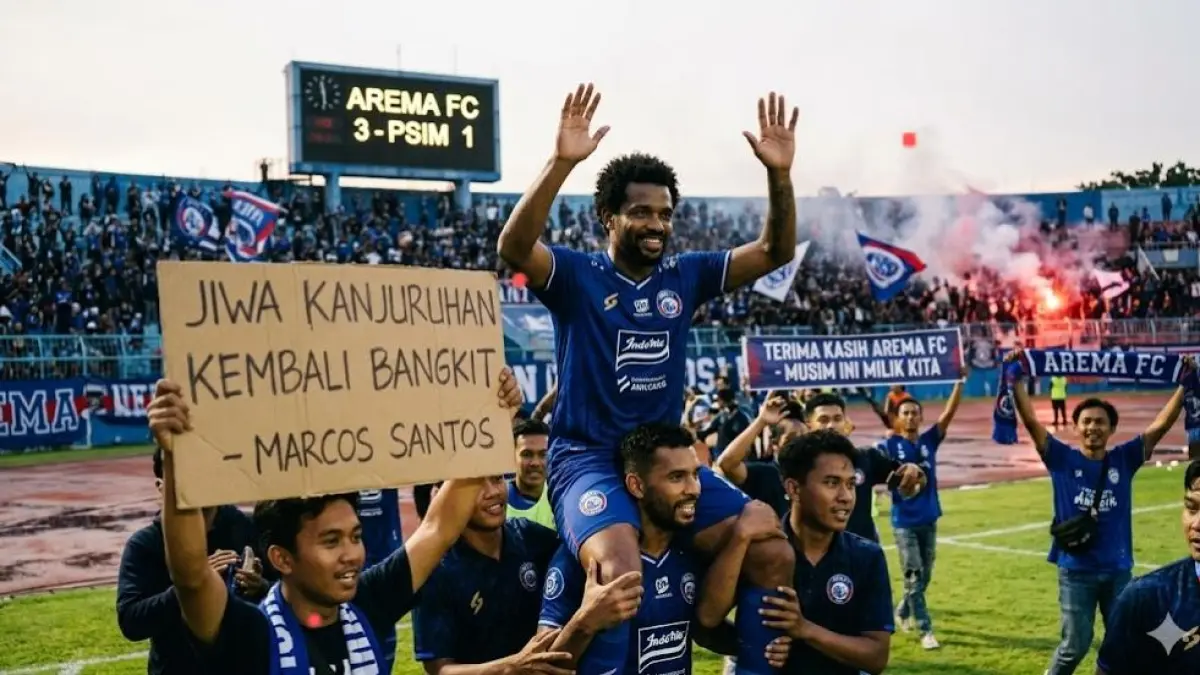Arema FC menutup musim dengan kemenangan 3-1 atas PSIM Yogyakarta. Marcos Santos menyebut jiwa Kanjuruhan kembali bangkit.(gemini AI)