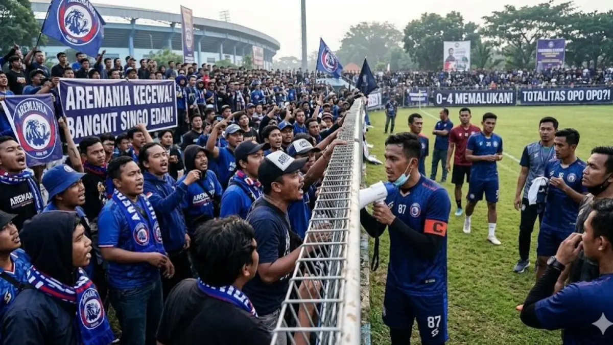 Aremania geruduk latihan Arema FC usai kalah 0-4 dari Persebaya. John Alfarizi janji Singo Edan bangkit lawan Persik Kediri.
( Gemini AI )