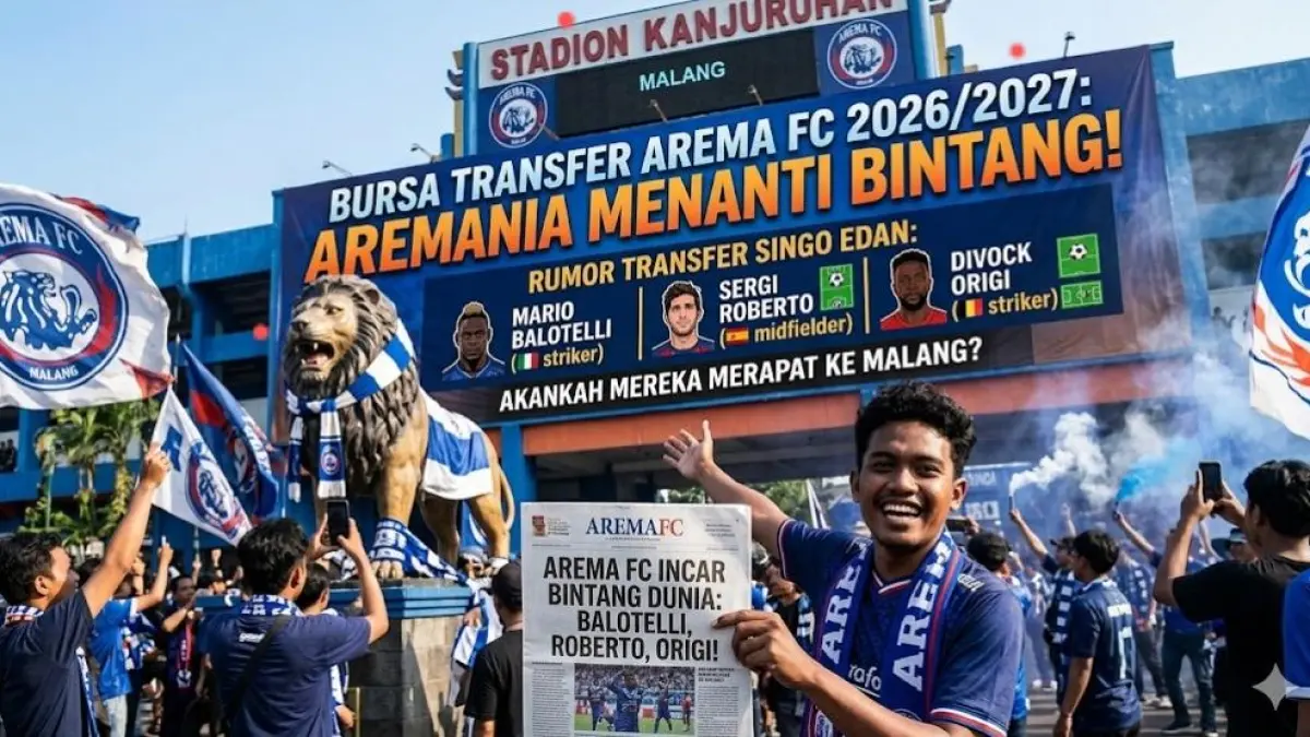 Bursa transfer Arema FC 2026/2027 memanas. Mario Balotelli, Sergi Roberto, hingga Divock Origi dirumorkan merapat ke Singo Edan.(gemini AI)