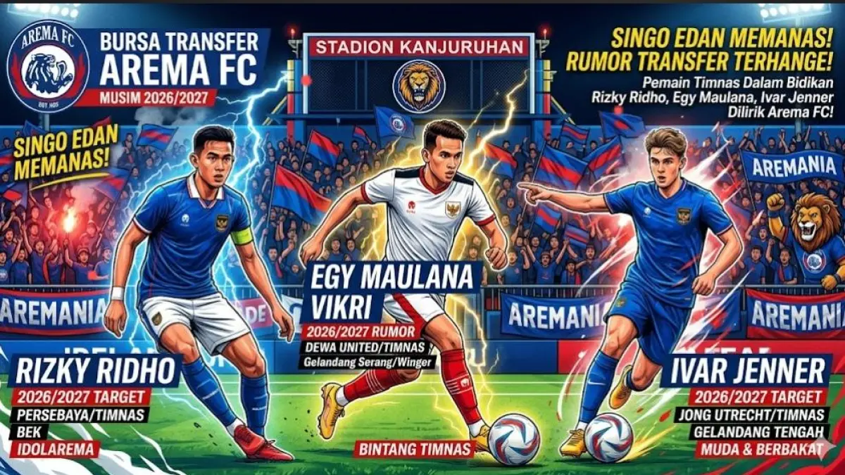 Bursa transfer Arema FC 2026/2027 memanas. Rizky Ridho, Egy Maulana Vikri, hingga Ivar Jenner dirumorkan jadi target Singo Edan.(gemini AI)