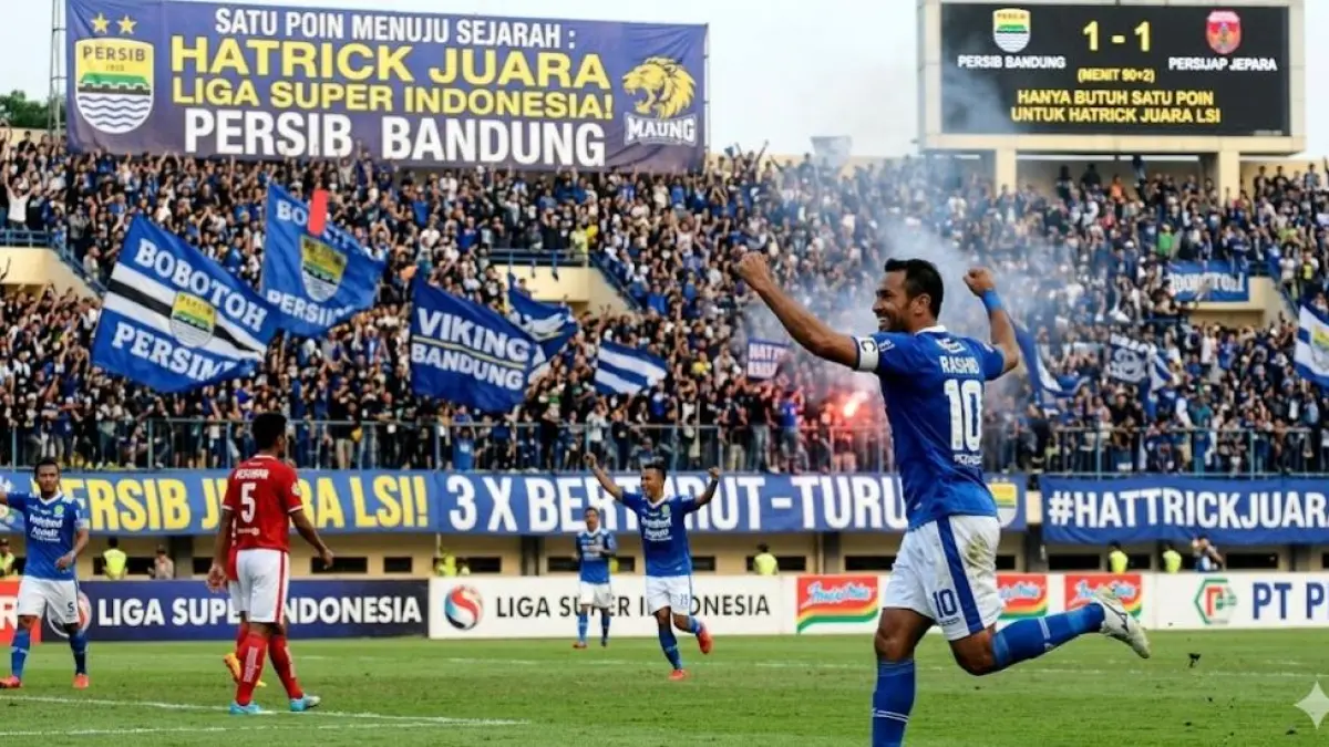 Persib Bandung hanya butuh satu poin lawan Persijap Jepara untuk mencetak sejarah hattrick juara Super League.(gemini AI)