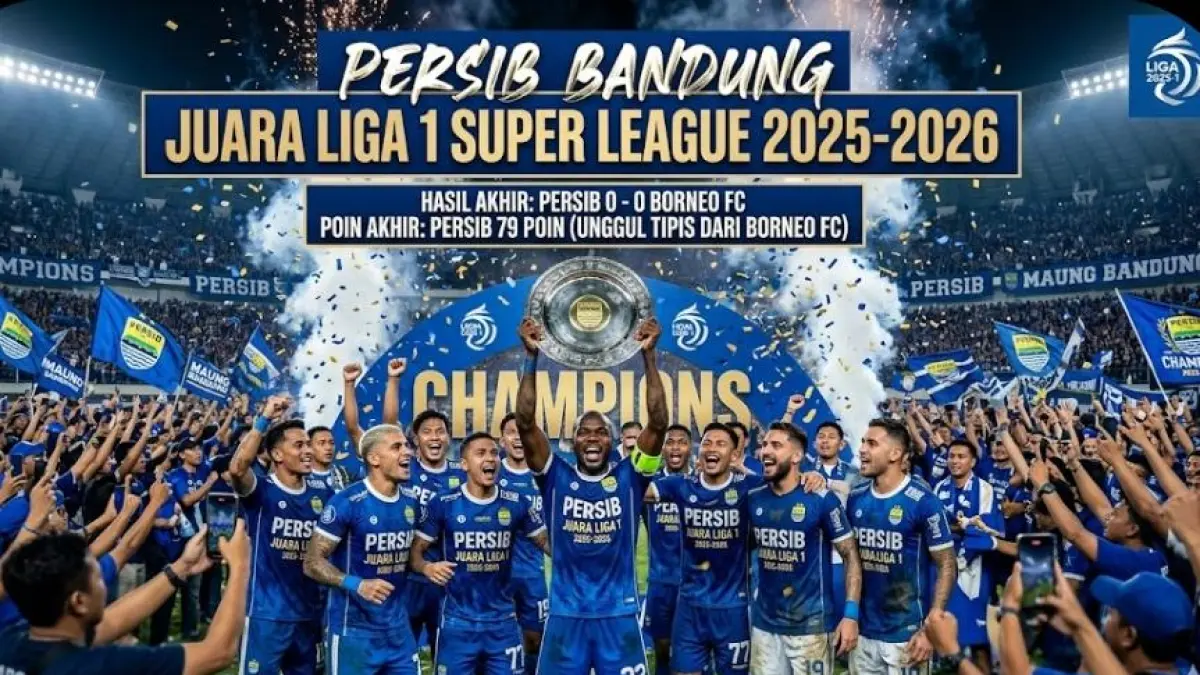 Persib Bandung juara Super League 2025-2026 dengan 79 poin usai bermain imbang 0-0 dan unggul tipis dari Borneo FC.(gemini AI)