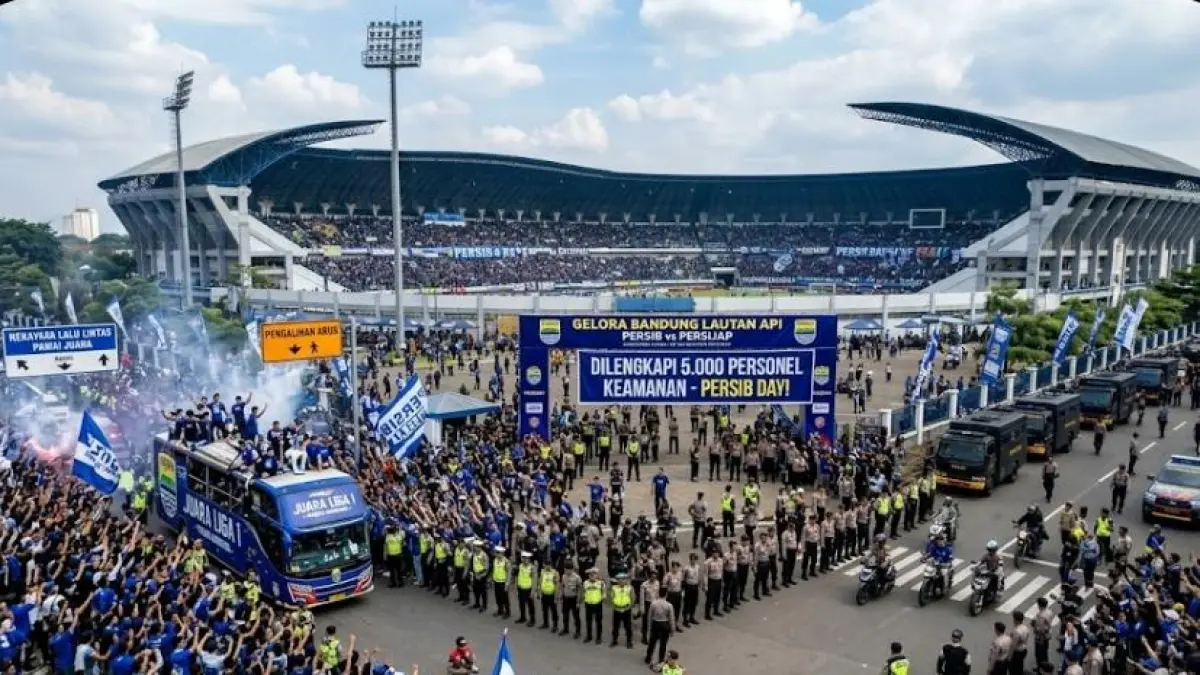 Persib Bandung vs Persijap Jepara dijaga 5.000 personel. Pemkot Bandung siapkan pawai juara dan rekayasa lalu lintas.(gemini AI)
