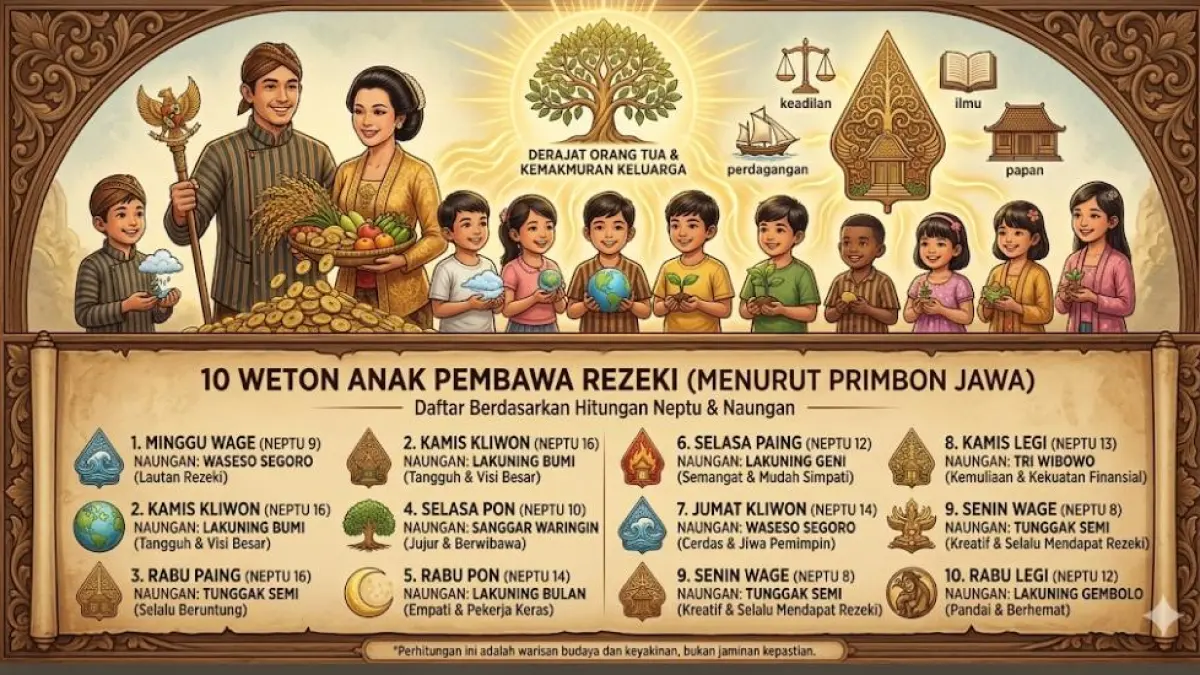 10 weton anak pembawa rezeki menurut Primbon Jawa dipercaya bisa mengangkat derajat orang tua dan membawa kemakmuran keluarga.
( Gemini AI )