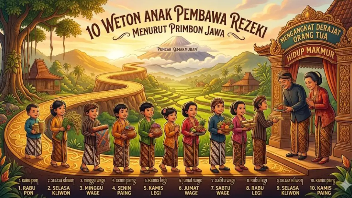 10 weton anak pembawa rezeki menurut Primbon Jawa. Diramalkan mampu mengangkat derajat orang tua dan hidup makmur.
( Gemini AI )