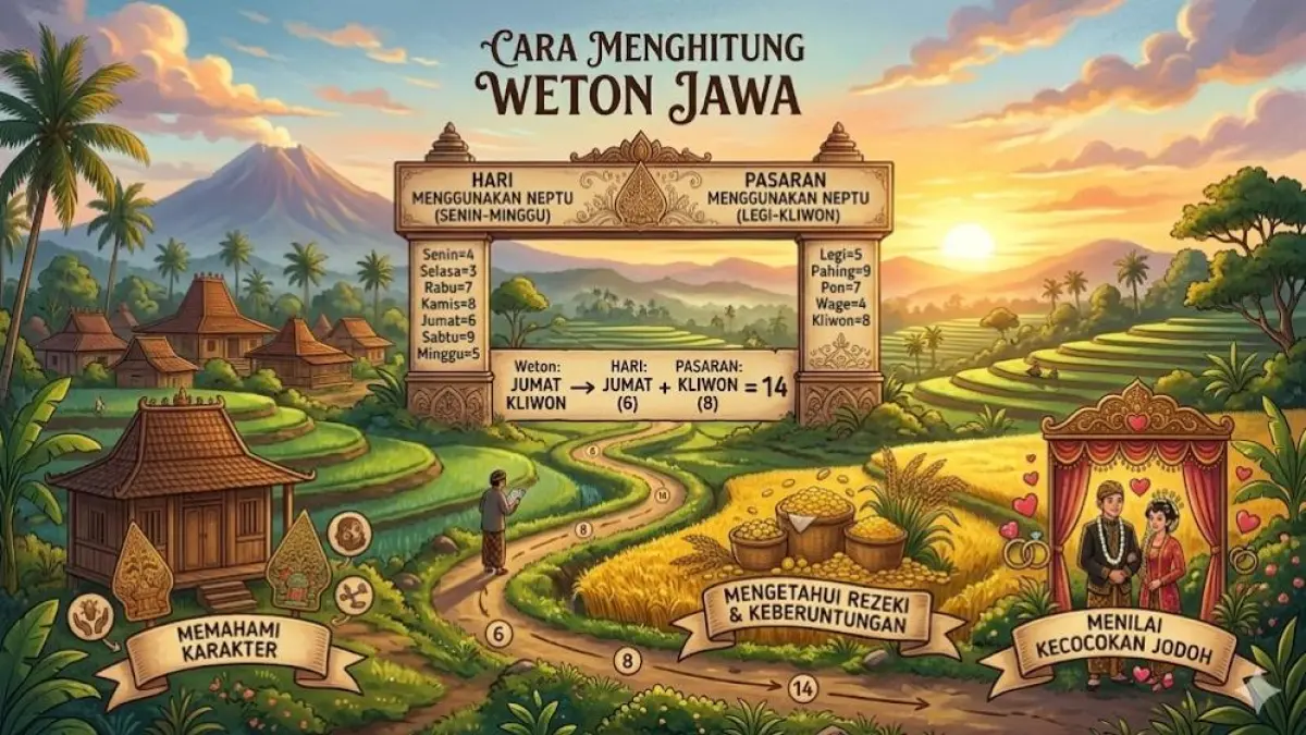 Cara menghitung weton Jawa menggunakan neptu hari dan pasaran untuk mengetahui karakter, rezeki, serta kecocokan jodoh.
( Gemini AI )