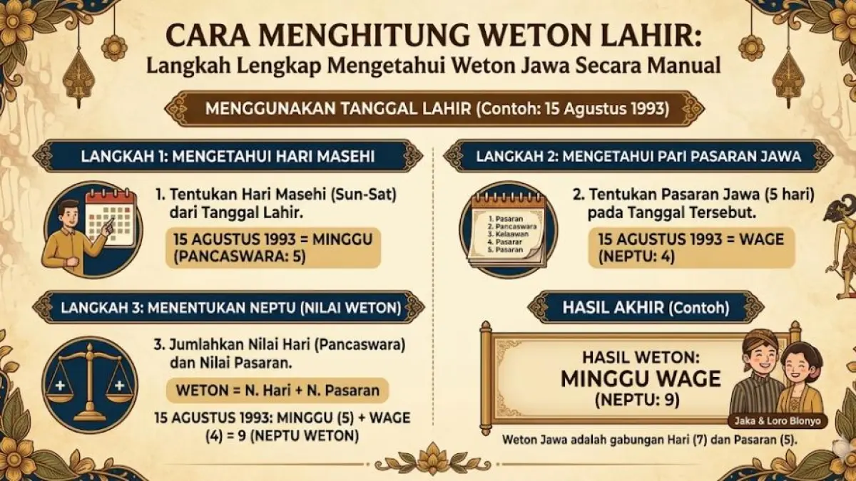 Cara menghitung weton lahir dari tanggal lahir ternyata mudah. Simak langkah lengkap mengetahui weton Jawa secara manual.
( Gemini AI )

