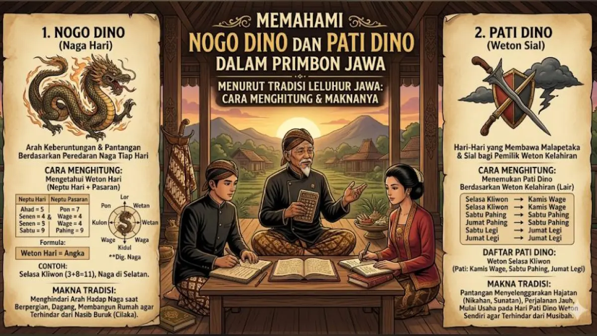 Mengenal Nogo Dino dan Pati Dino dalam Primbon Jawa, lengkap dengan cara menghitung serta makna menurut tradisi leluhur Jawa.
( Gemini AI )