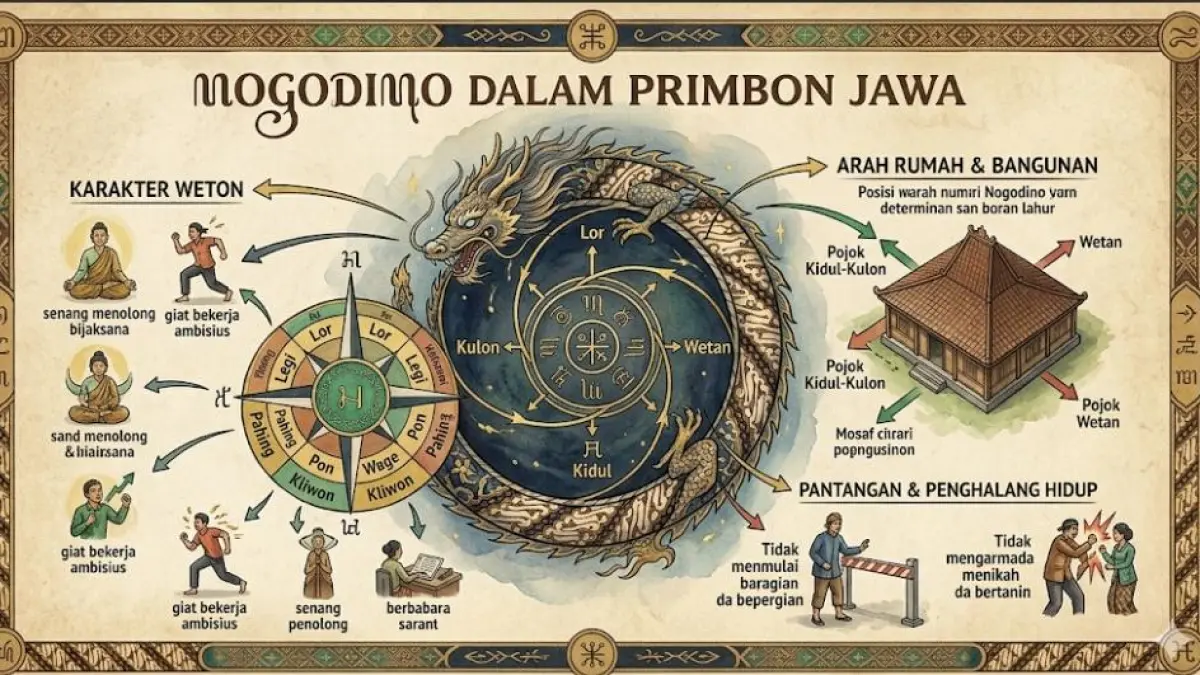 Nogodino dalam Primbon Jawa dipercaya menentukan karakter, arah rumah, hingga pantangan hidup berdasarkan weton kelahiran.(gemini AI)