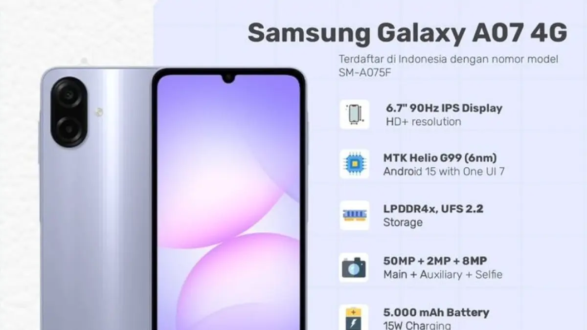Samsung Galaxy A07 hadir dengan Helio G99, UFS, layar 90 Hz, dan update 6 tahun. HP murah Samsung yang menarik. (PINTEREST)
