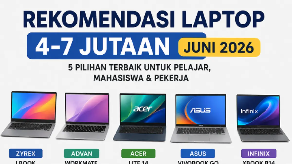 Rekomendasi laptop 4-7 jutaan Juni 2026, mulai Zyrex hingga Infinix. Cocok untuk pelajar, mahasiswa, dan pekerja kantoran. (AI)