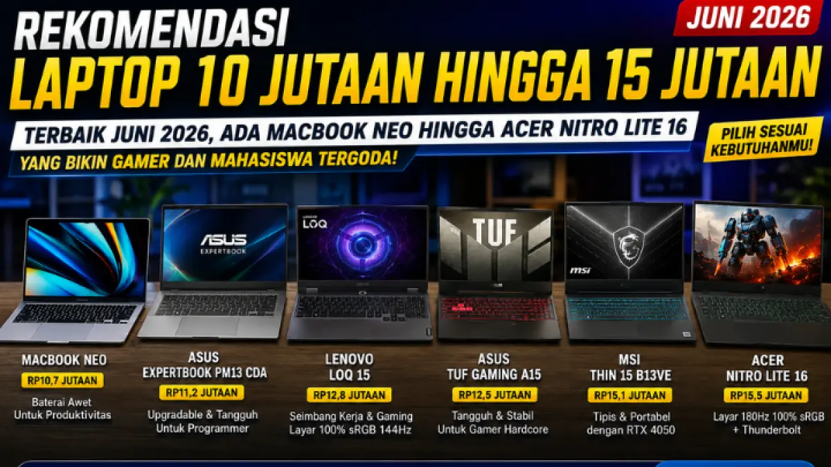 Rekomendasi laptop 10 jutaan hingga 15 jutaan terbaik Juni 2026. Ada MacBook Neo, Lenovo LOQ 15, hingga Acer Nitro Lite 16. (AI)