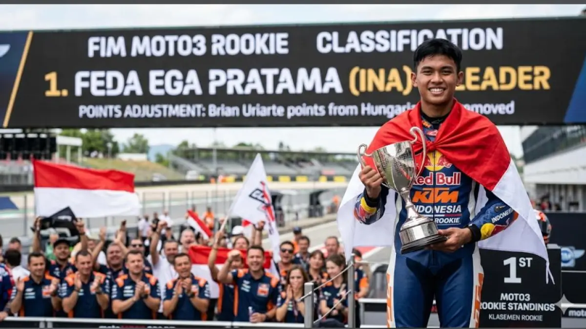 Feda Ega Pratama kembali puncaki klasemen Moto3 Rookie usai Dorna dan FIM mencoret poin Brian Uriarte dari GP Hungaria.(gemini ai)
