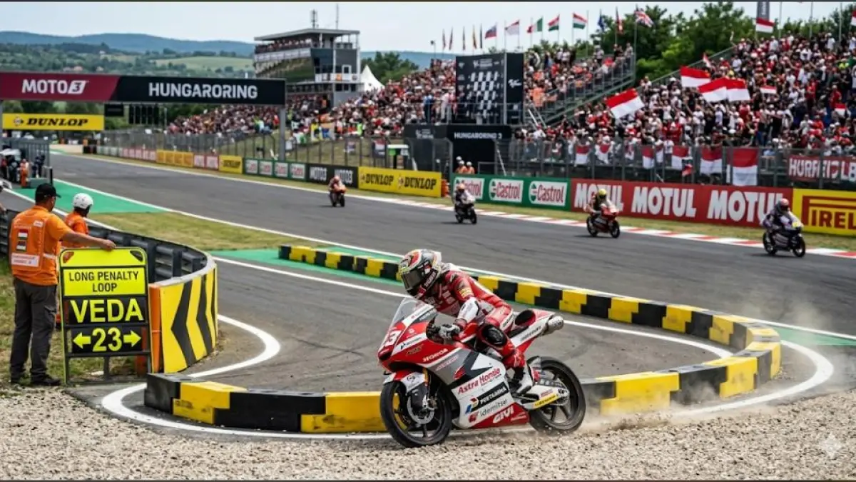 Hasil Moto3 Hungaria 2026, Veda Ega Pratama finis P15 usai long penalty. Simak klasemen terbaru dan jadwal Moto3 Ceko.(Gemini AI)