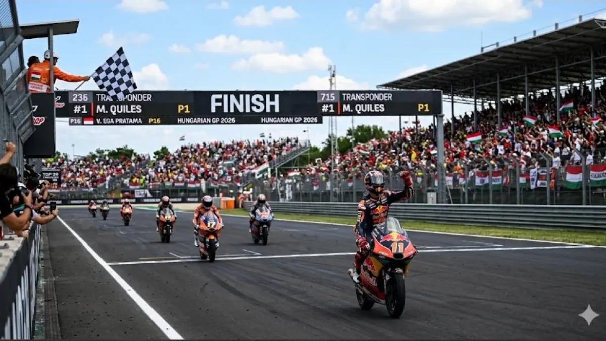 Hasil Moto3 Hungaria 2026, Veda Ega Pratama finis P16 setelah sempat tembus posisi enam besar. Maximo Quiles keluar sebagai juara.(Gemini AI)