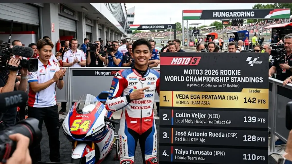 Klasemen Rookie Moto3 2026 diklaim berubah. Veda Ega Pratama disebut kembali memimpin usai revisi hasil Moto3 Hungaria.(Gemini AI)