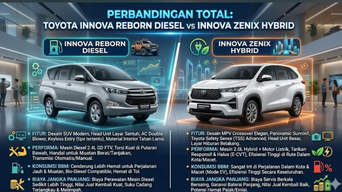 Toyota Innova Reborn Diesel vs Innova Zenix Hybrid, simak perbandingan fitur, performa, konsumsi BBM, dan biaya jangka panjang.(Gemini AI)