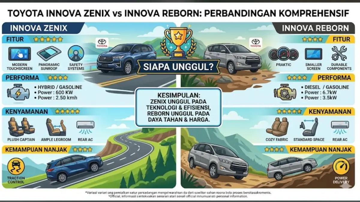Toyota Innova Zenix vs Innova Reborn dibandingkan dari fitur, performa, kenyamanan hingga kemampuan nanjak. Siapa unggul?(Gemini AI)
