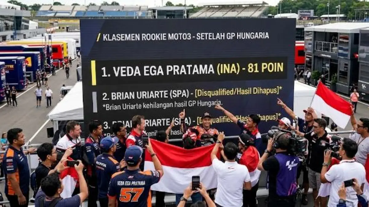 Veda Ega Pratama kembali memimpin klasemen Rookie Moto3 dengan 81 poin setelah Brian Uriarte kehilangan hasil GP Hungaria.(Gemini AI)