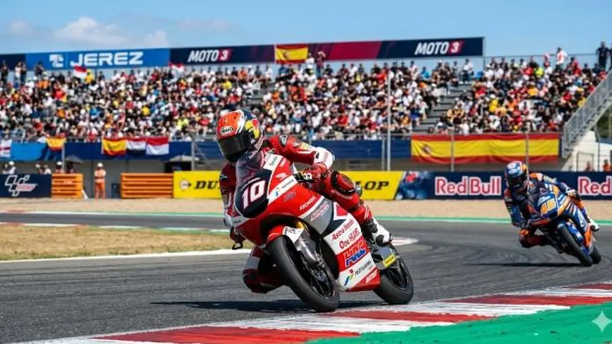 Veda Ega Pratama siap bangkit di Moto3 Spanyol 2026 setelah insiden Austin. Jerez menjadi peluang kembali ke papan depan.(Gemini AI)