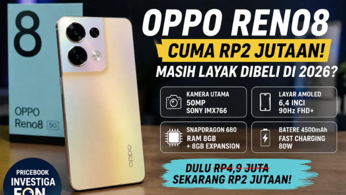 Oppo Reno8 kini cuma Rp2 jutaan. Kamera Sony IMX766, layar AMOLED 90Hz, dan RAM 8 GB masih jadi daya tarik di 2026. (AI)