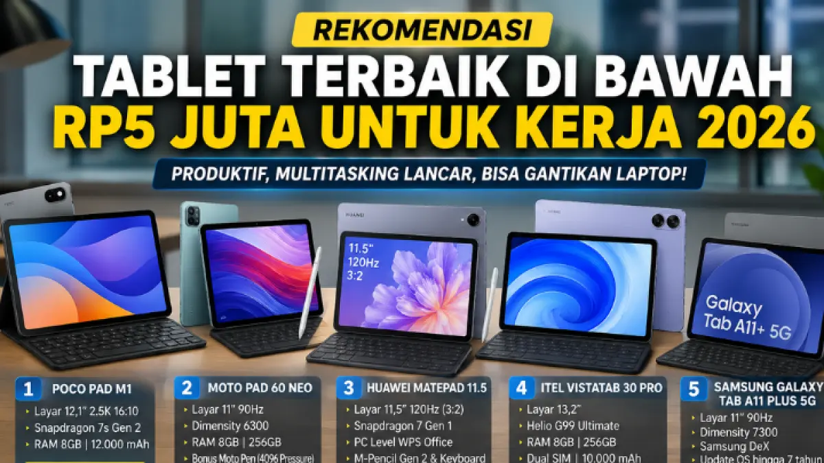 Rekomendasi tablet terbaik di bawah Rp5 juta untuk kerja 2026. Produktif, multitasking lancar, dan bisa jadi pengganti laptop. (AI)