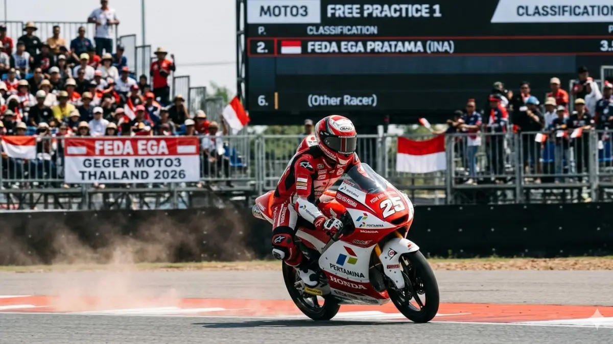Feda Ega Pratama tampil sensasional di Moto3 Thailand 2026. Debut finis lima besar angkat nilai kontrak dan peluang sponsor (Pinterest).
