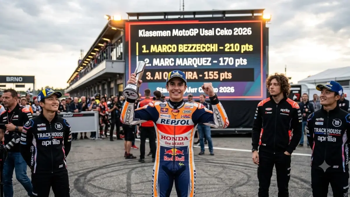 Klasemen MotoGP usai Ceko 2026 makin ketat. Marc Marquez memangkas jarak dari Marco Bezzecchi setelah menang di Brno.