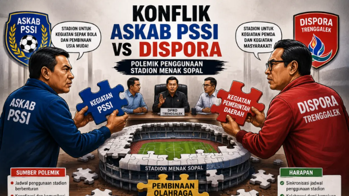 Konflik penggunaan Stadion Menak Sopal antara Askab PSSI dan Dispora Trenggalek dimediasi DPRD demi kelancaran pembinaan olahraga daerah. (AI)