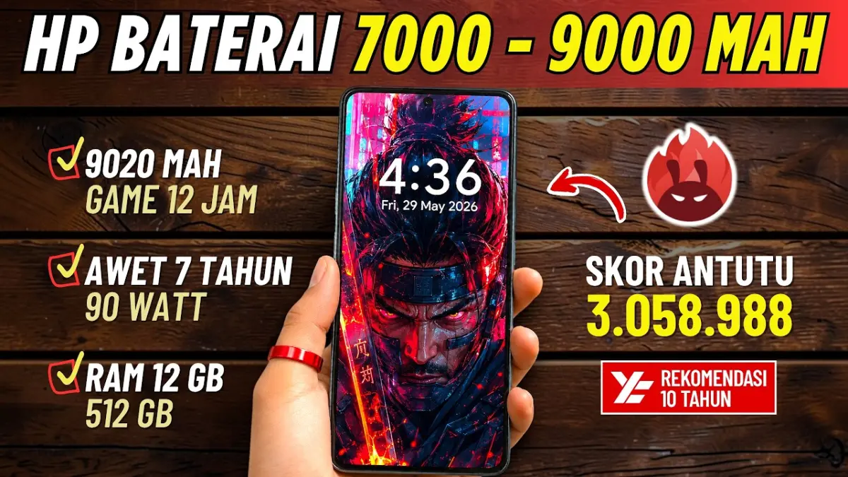 HP baterai gede terbaik 2026 hadir dengan kapasitas hingga 9.020 mAh. Simak rekomendasi lengkap beserta spesifikasi dan keunggulannya. (Youtube. com)