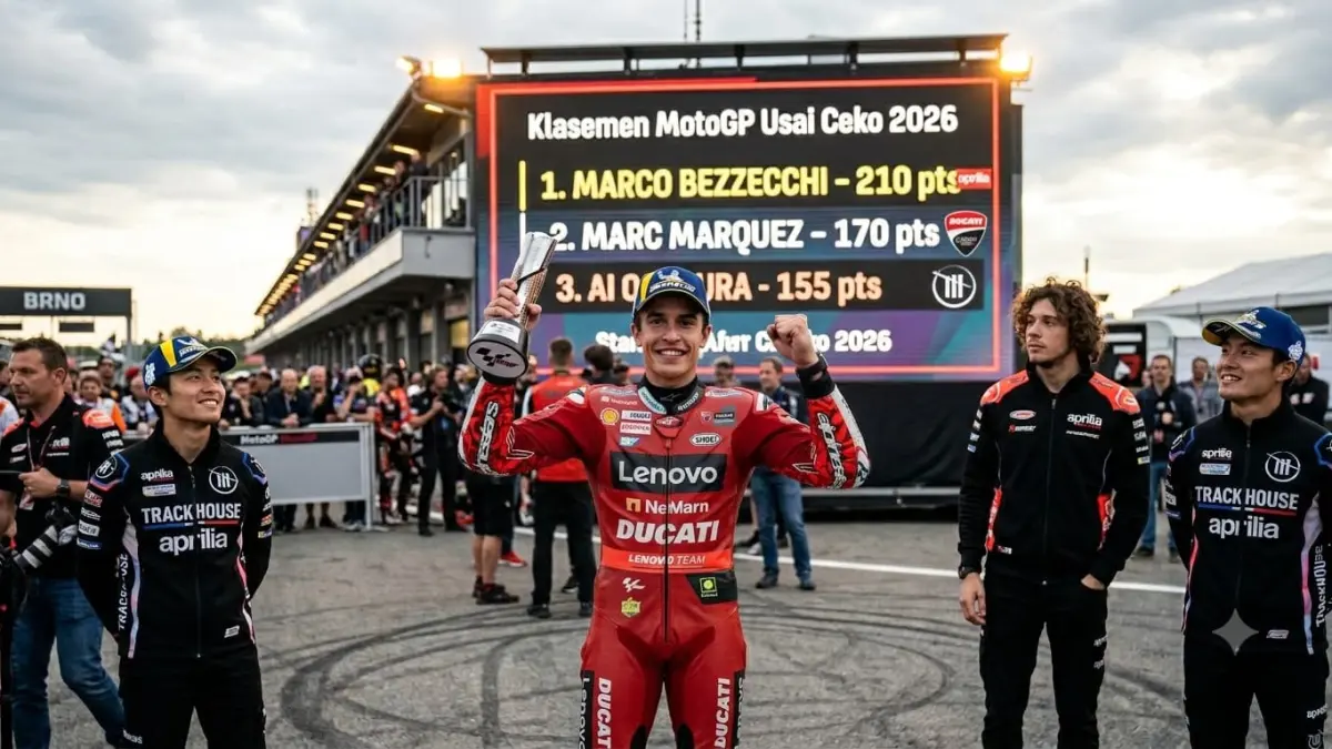 Klasemen MotoGP usai Ceko 2026 semakin ketat. Kemenangan Marc Marquez di Brno membuat persaingan gelar dunia makin terbuka.