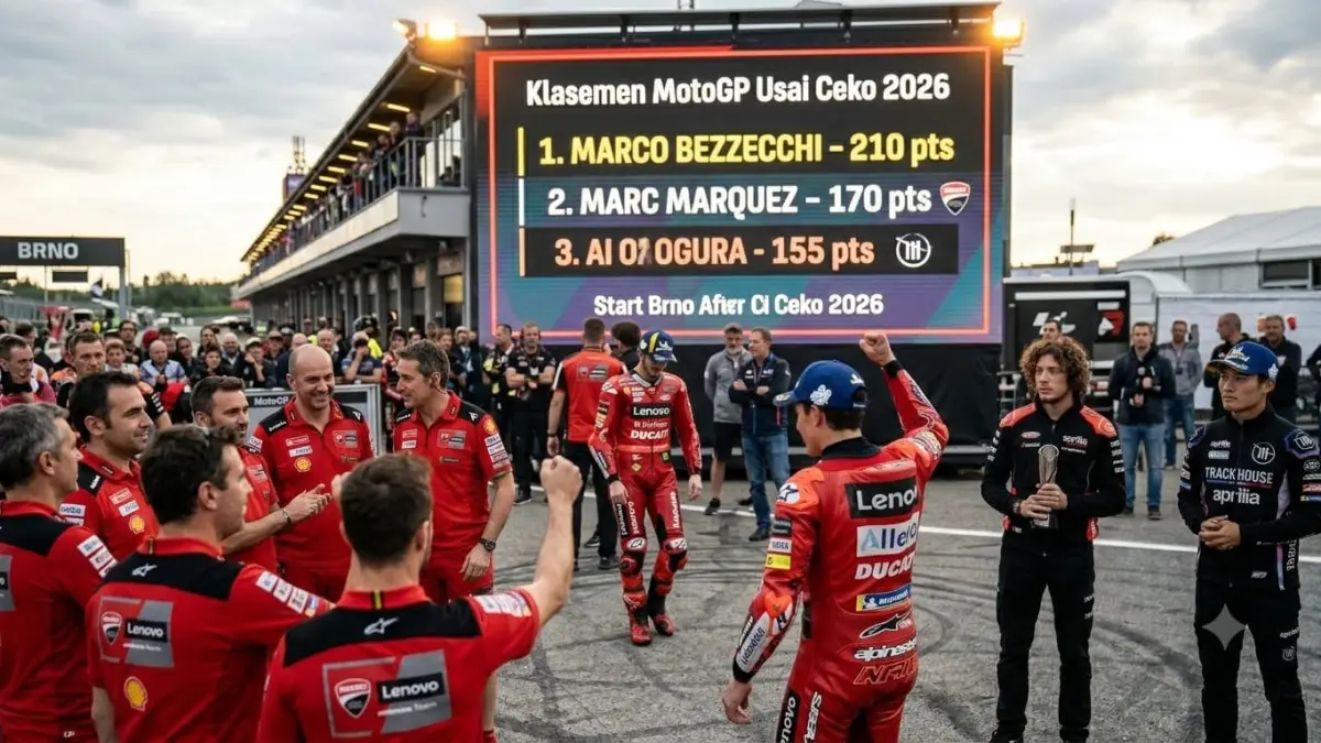 Klasemen MotoGP usai Ceko 2026 semakin ketat. Marc Marquez mendekati papan atas dan persaingan gelar dunia makin terbuka.