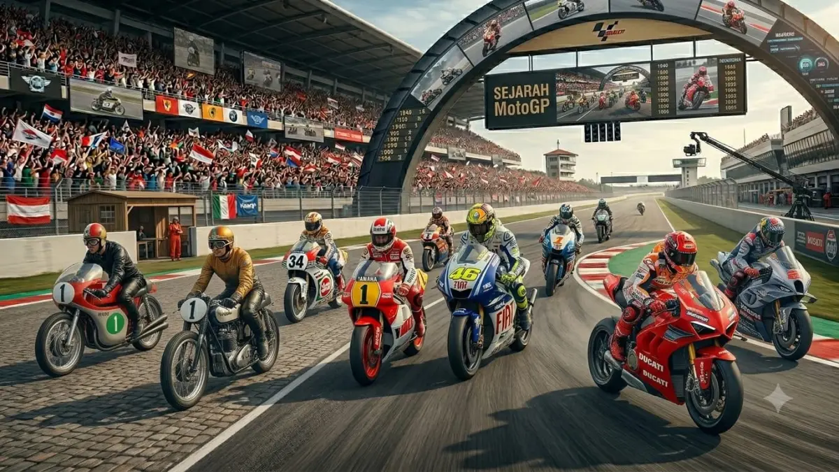 Sejarah MotoGP dari 1949 hingga era modern. Simak perjalanan balap motor dunia yang melahirkan banyak legenda dan teknologi.