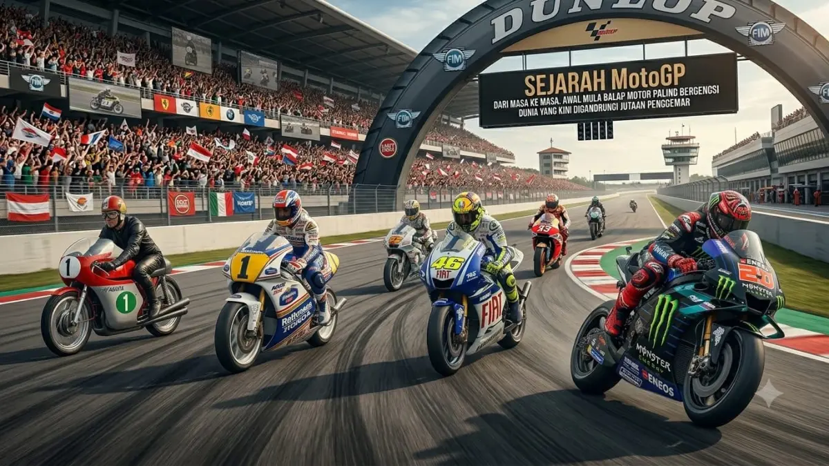 Sejarah MotoGP dari era 500cc hingga sekarang. Simak perjalanan balap motor dunia yang melahirkan banyak legenda.
