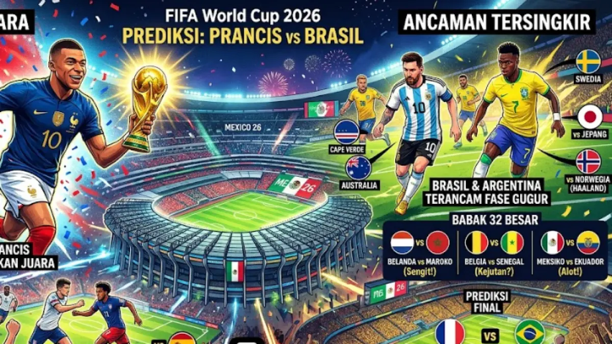 Infografis lengkap prediksi Piala Dunia 2026, Prancis juara, sementara Brasil dan Argentina terancam tersingkir cepat. (AI)