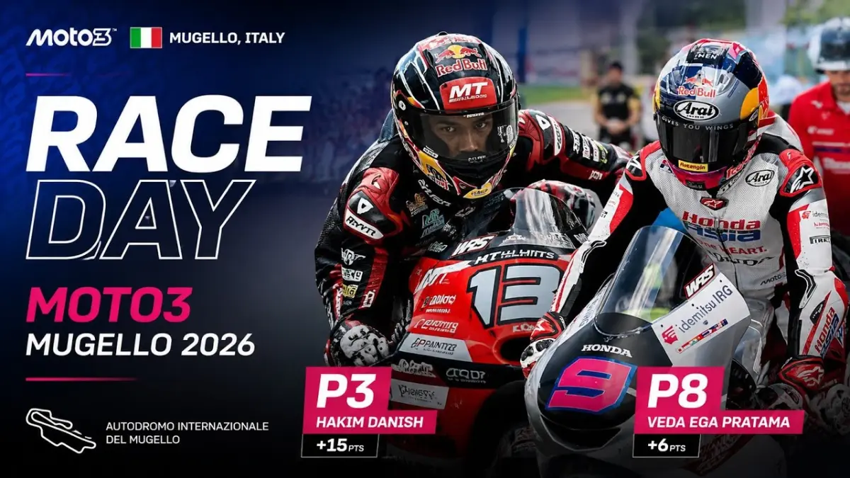 Hasil Moto3 Mugello 2026: Veda Ega Pratama finis posisi 8 dan tetap di lima besar klasemen, sementara Hakim Danish meraih podium perdana musim ini. (Youtube. com)