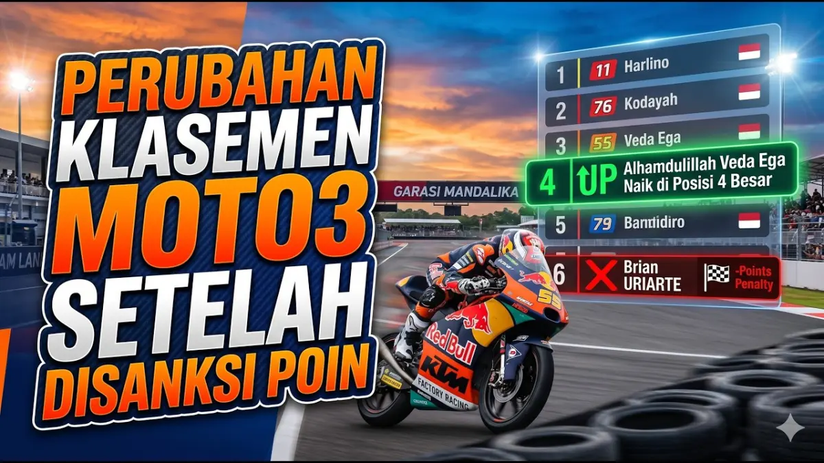 Klasemen Moto3 2026 berubah setelah Brian Uriarte didiskualifikasi. Veda Ega Pratama naik ke posisi empat dan membuka peluang bersaing di papan atas. (Youtube. com)