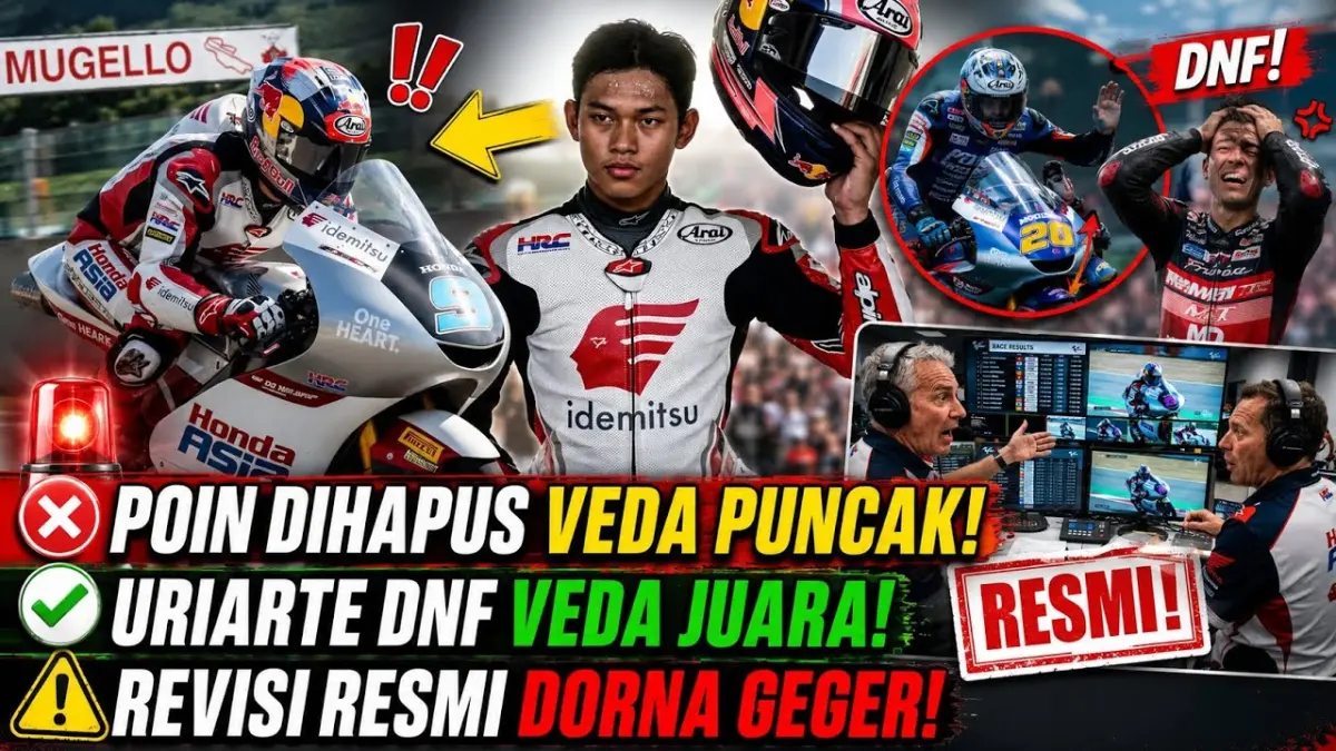 Klasemen Rookie Moto3 2026 berubah usai Brian Uriarte kehilangan poin karena DNF. Veda Ega Pratama kini kembali memimpin dengan total 81 poin. (Youtube. com)