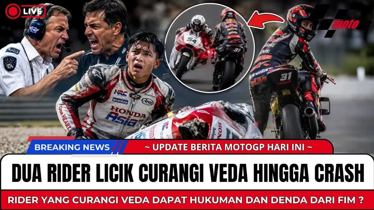 Veda Ega Pratama crash usai diduga terkena manuver agresif rival. Benarkah Adrian terancam hukuman? Simak fakta investigasi dan regulasi FIM. (Youtube. com)