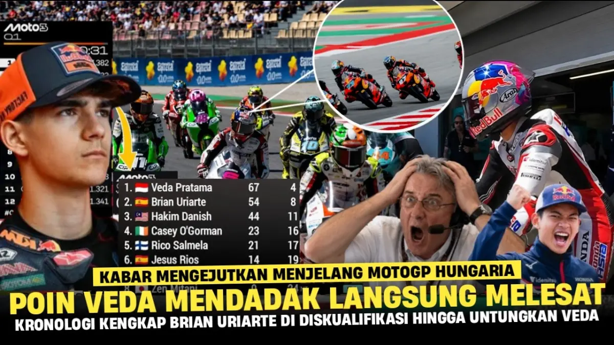 Veda Ega Pratama naik ke peringkat 4 Moto3 2026 usai Brian Uriarte didiskualifikasi. Persiapan ekstrem jelang Moto3 Hungaria jadi sorotan. (Youtube. com)
