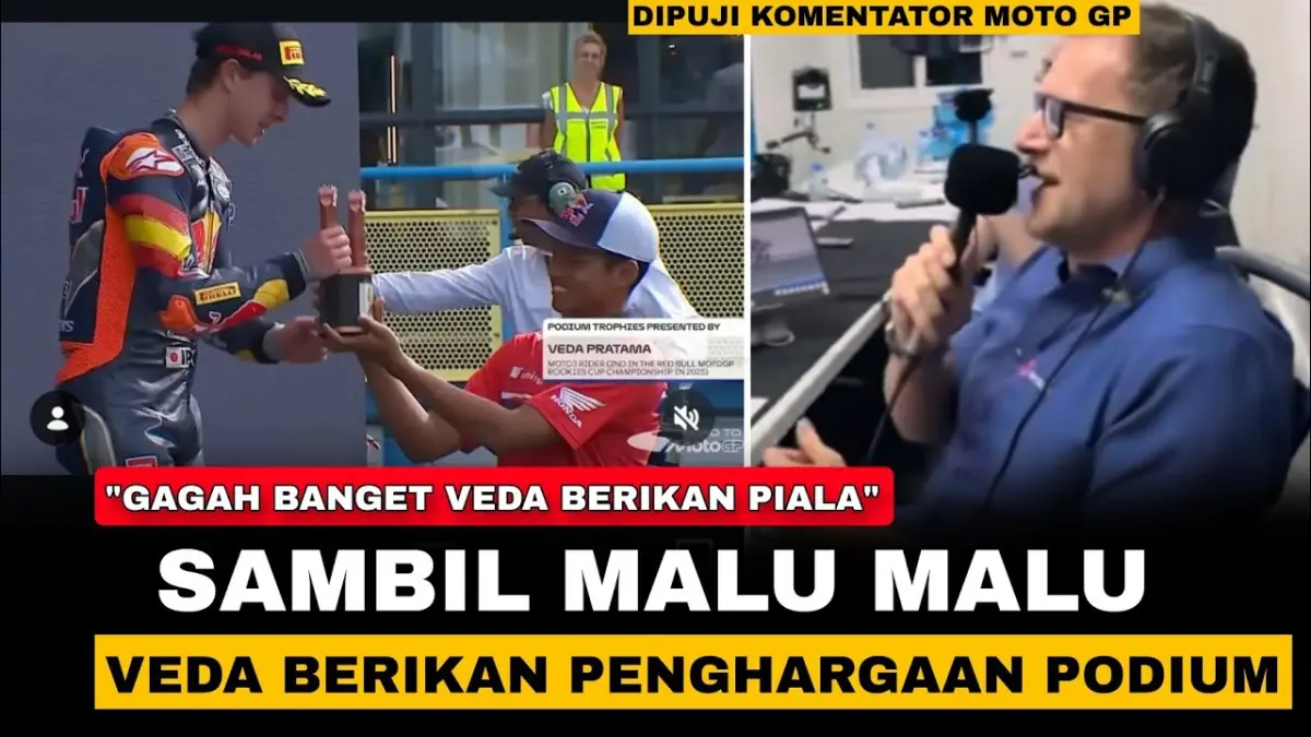 Veda Ega Pratama mendapat kehormatan khusus dari MotoGP dengan menyerahkan trofi Race 1 Red Bull MotoGP Rookies Cup di podium Assen. (Youtube. com)