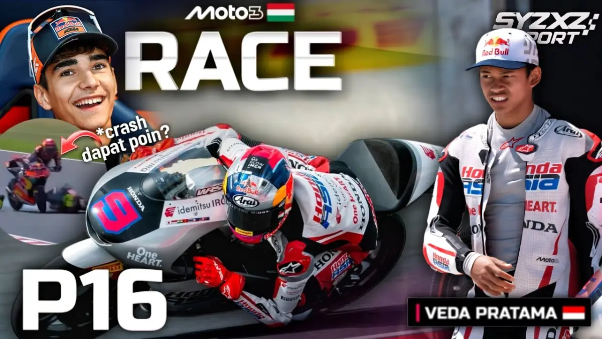 Veda Ega Pratama finis P16 di Moto3 Hungaria usai long lap penalty. Simak alasan Brian Uriarte tetap mendapat poin meski terlibat crash red flag. (Youtube. com)