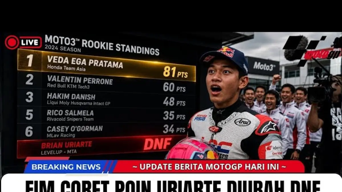 Veda Ega Pratama kembali memimpin klasemen Moto3 Rookie 2026 usai Dorna merevisi hasil Moto3 Hungaria dan mencoret poin Brian Uriarte. (Youtube. com)