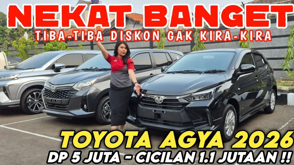 Toyota Agya 2026 menawarkan diskon lebih besar, DP mulai Rp15 juta, cicilan Rp1,1 jutaan, serta bunga 0 persen. Simak promo lengkapnya di sini. (Youtube. com)