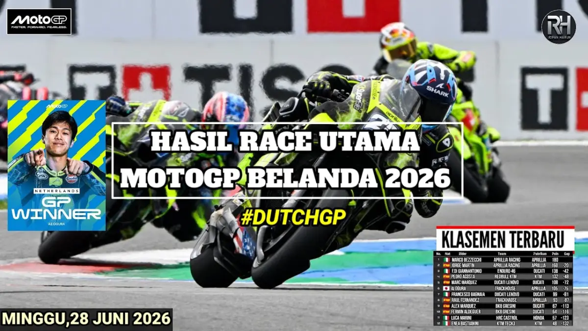 Hasil MotoGP Belanda 2026: Ai Ogura juara di Assen, Jorge Martin tetap pimpin klasemen, sementara banyak pembalap top gagal finis. (Youtube. com)