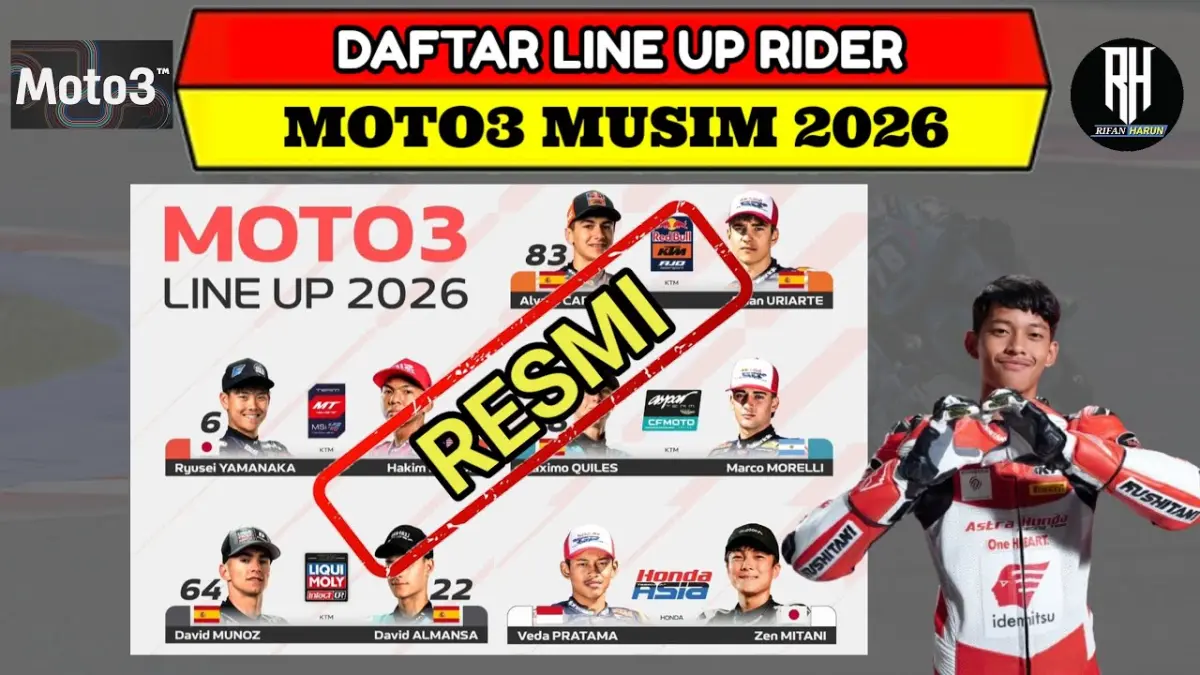 Line Up Moto3 2026 resmi beredar. Ega Pratama memperkuat Honda Asia Racing Team, simak daftar rider dan jadwal lengkap MotoGP 2026. (Youtube. com)